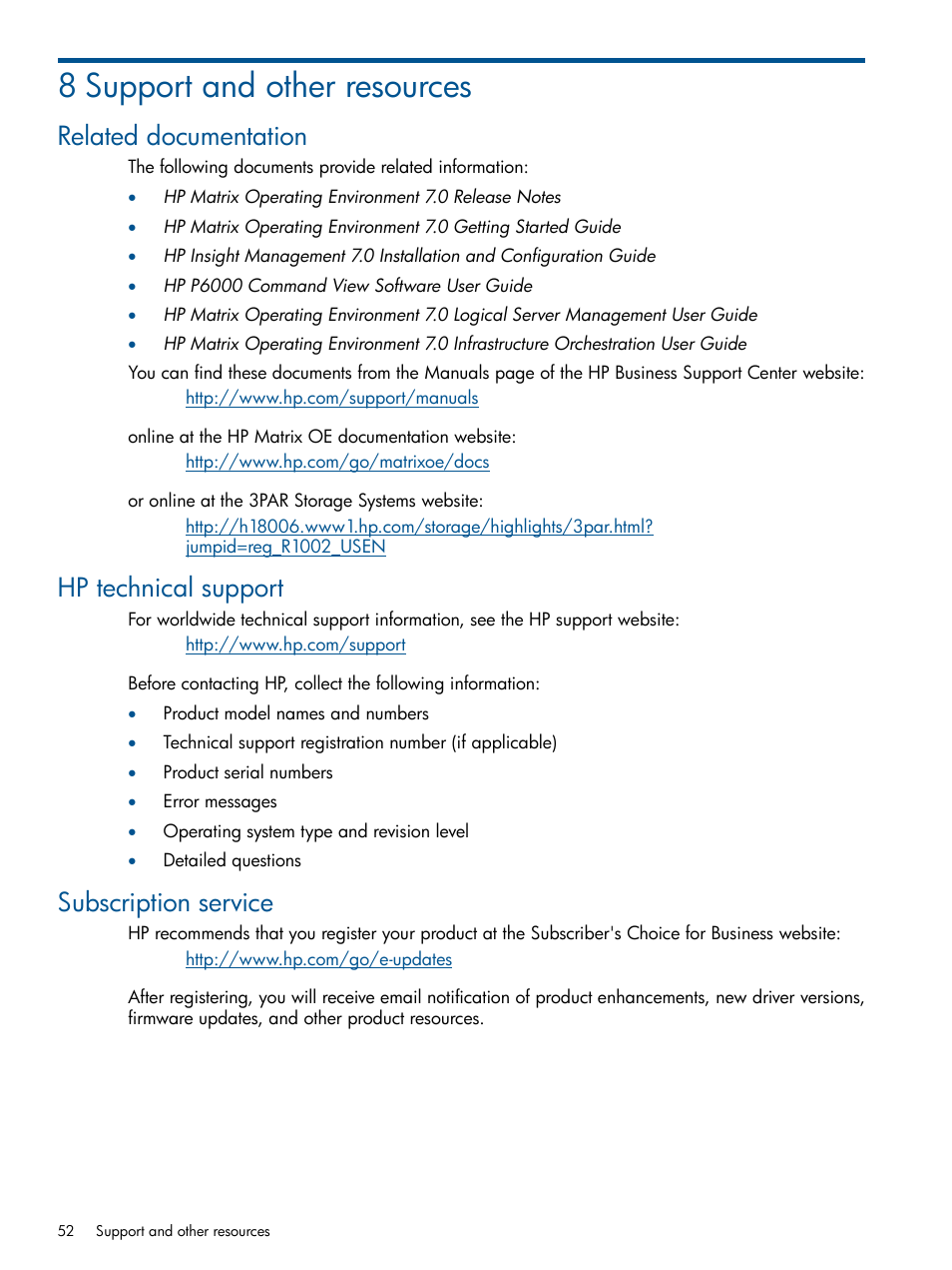 8 support and other resources, Related documentation, Hp technical support | Subscription service | HP Matrix Operating Environment Software User Manual | Page 52 / 95