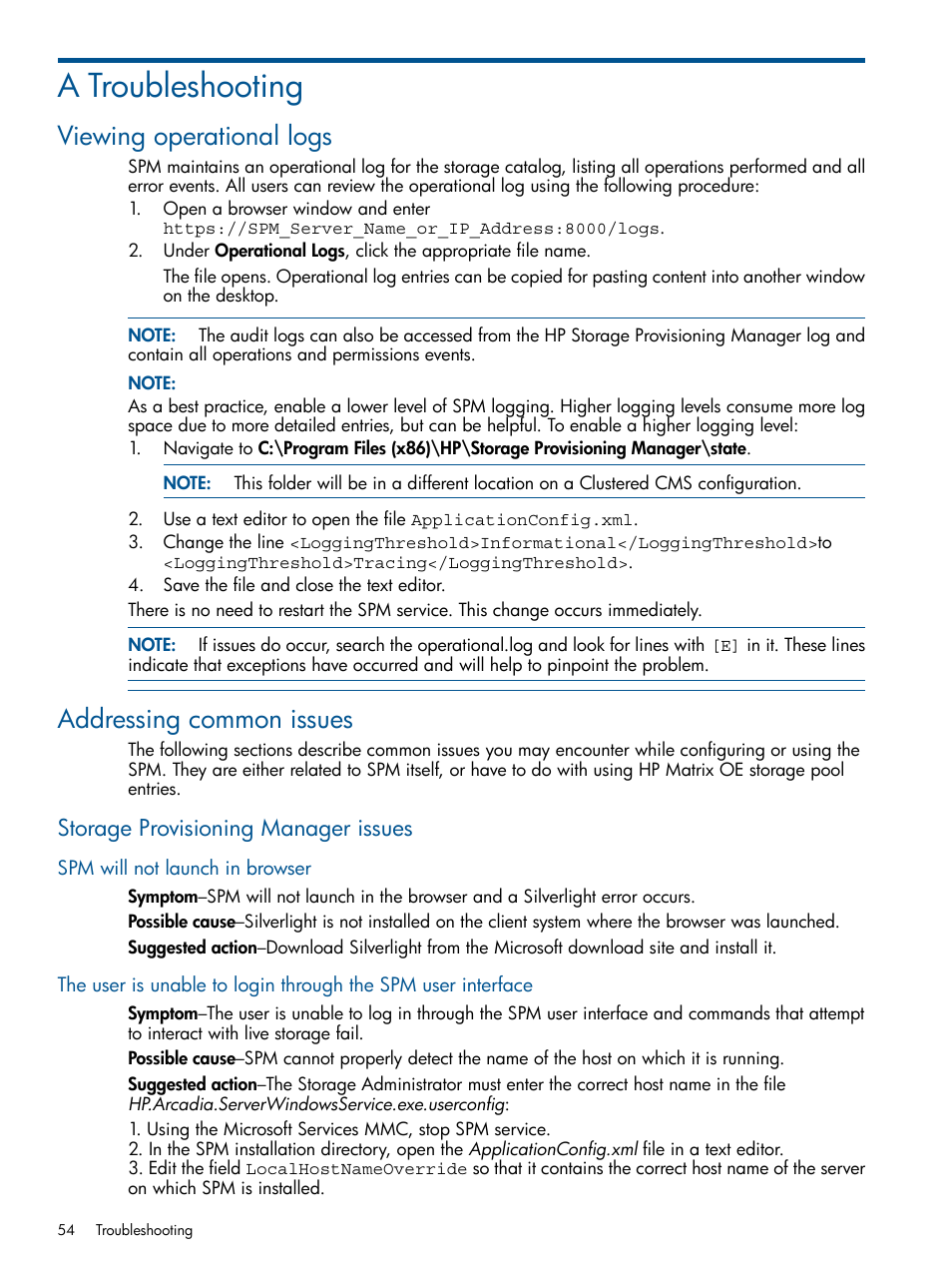 A troubleshooting, Viewing operational logs, Addressing common issues | Storage provisioning manager issues, Spm will not launch in browser, Viewing operational logs addressing common issues, Troubleshooting | HP Matrix Operating Environment Software User Manual | Page 54 / 95