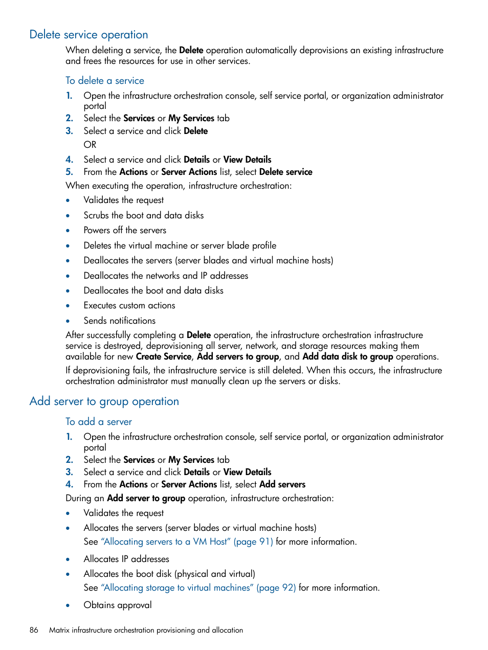 Delete service operation, Add server to group operation | HP Matrix Operating Environment Software User Manual | Page 86 / 209