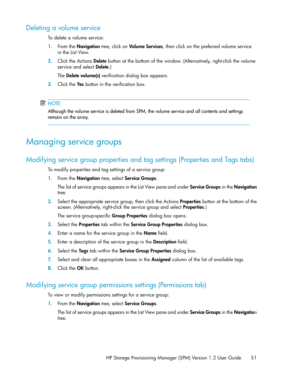 Deleting a volume service, Managing service groups | HP Matrix Operating Environment Software User Manual | Page 51 / 80