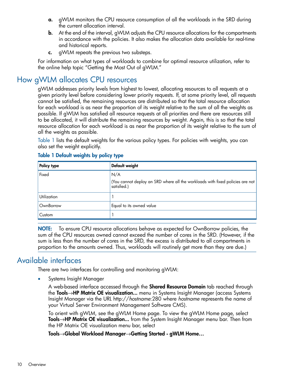 How gwlm allocates cpu resources, Available interfaces | HP Matrix Operating Environment Software User Manual | Page 10 / 61