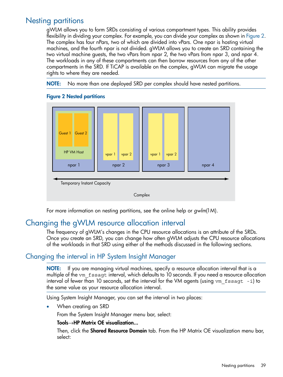 Nesting partitions, Changing the gwlm resource allocation interval, Changing the interval in hp system insight manager | HP Matrix Operating Environment Software User Manual | Page 39 / 61