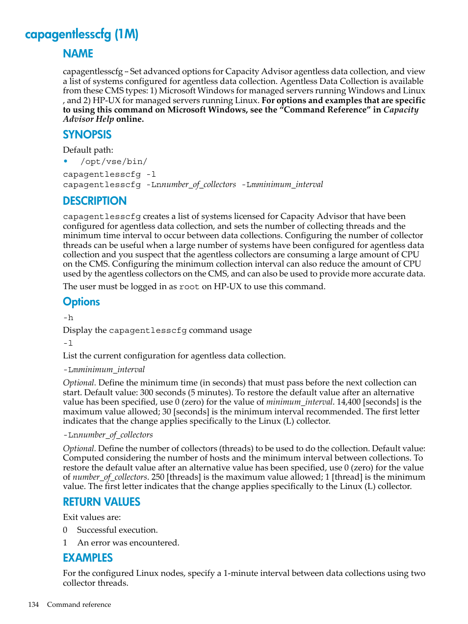 Capagentlesscfg (1m), Name, Synopsis | Description, Options, Return values, Examples | HP Matrix Operating Environment Software User Manual | Page 134 / 198