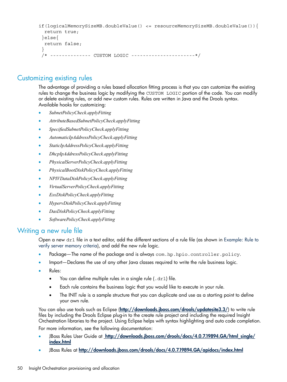 Customizing existing rules, Writing a new rule file, Customizing existing rules writing a new rule file | HP Matrix Operating Environment Software User Manual | Page 50 / 97