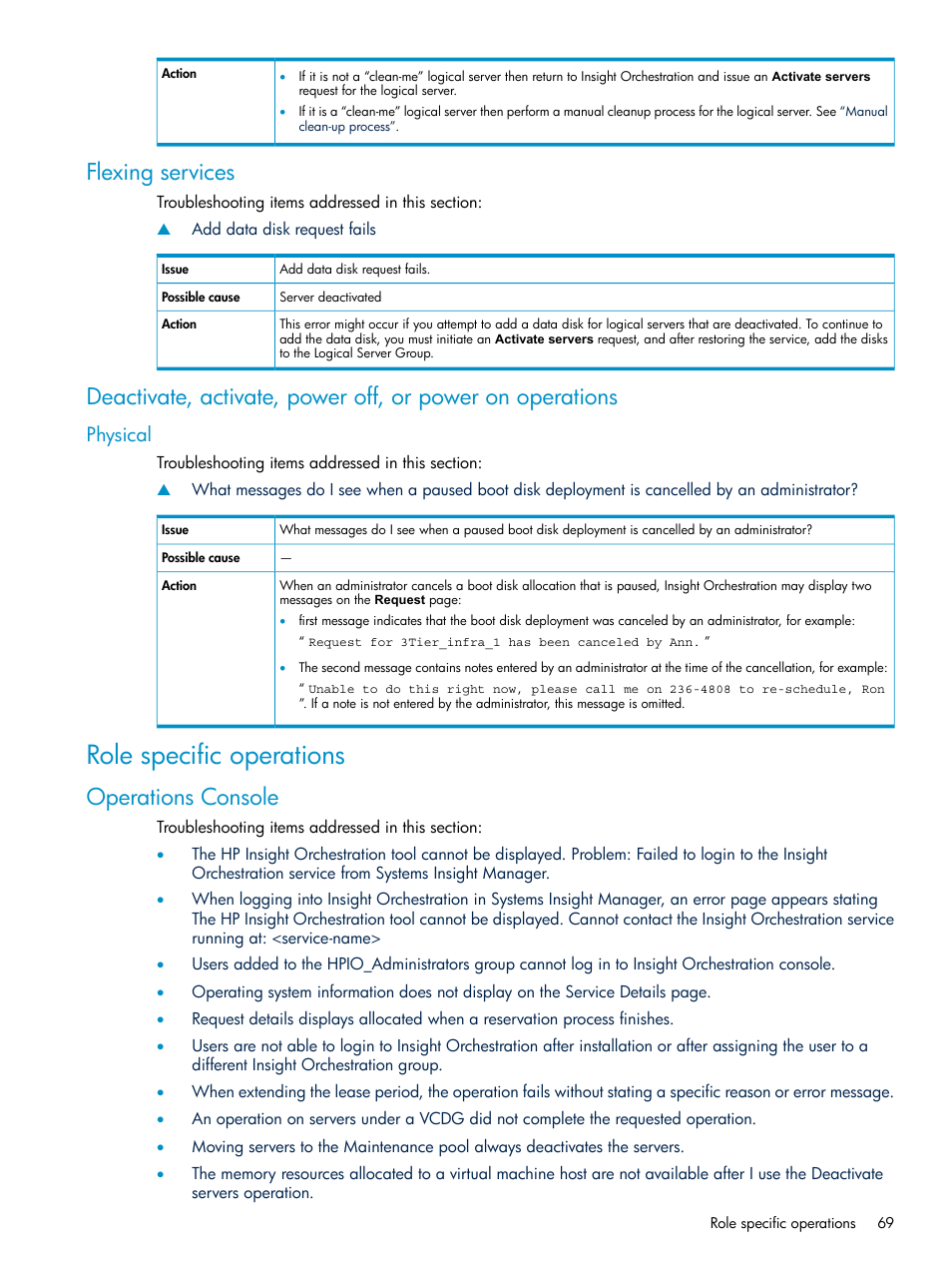 Flexing services, Physical, Role specific operations | Operations console | HP Matrix Operating Environment Software User Manual | Page 69 / 97