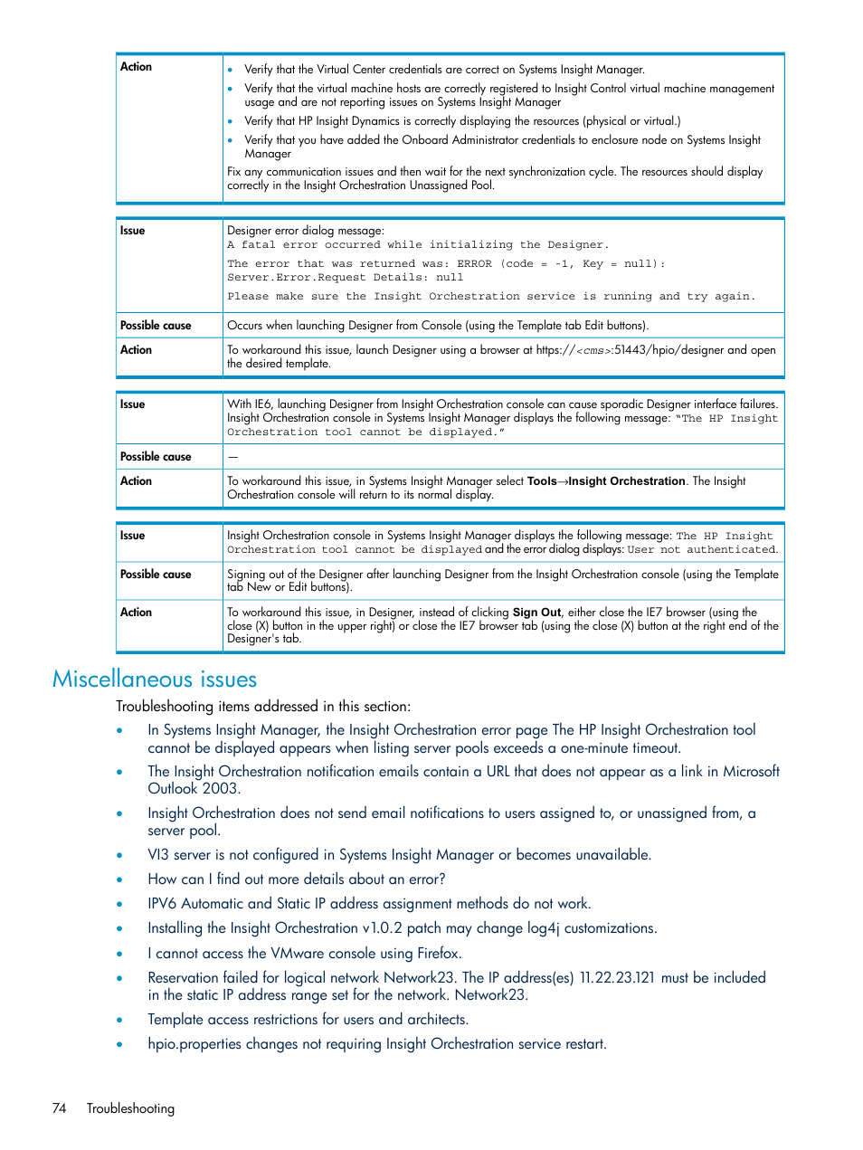 Miscellaneous issues, User not authenticated | HP Matrix Operating Environment Software User Manual | Page 74 / 97
