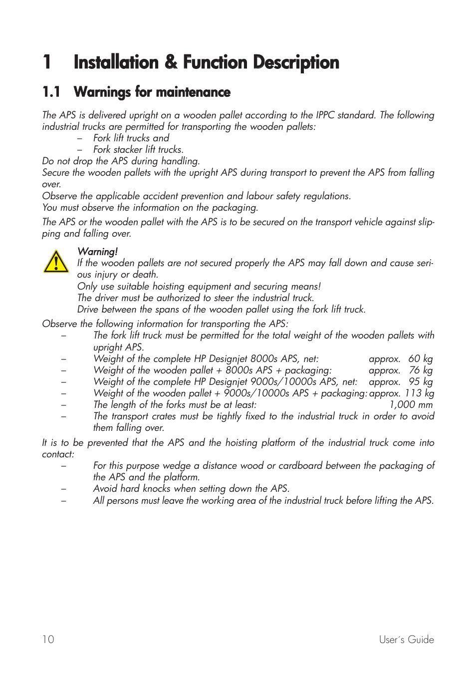 1 installation & & ffunction ddescription, 1 warnings ffor m maintenance | HP Принтер серии HP Designjet 9000s User Manual | Page 10 / 392