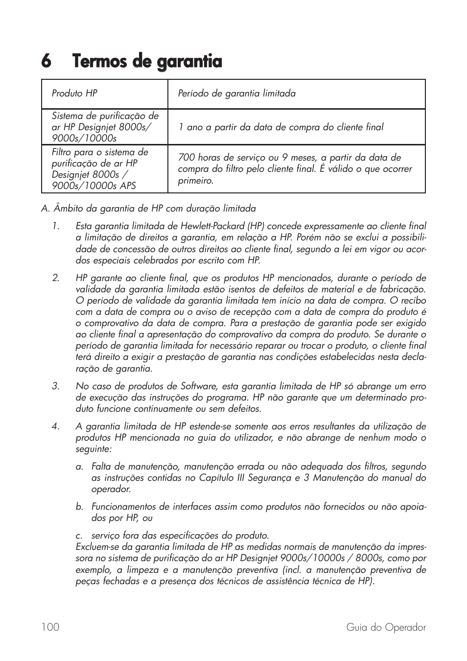 6 termos dde ggarantia | HP Принтер серии HP Designjet 9000s User Manual | Page 100 / 392