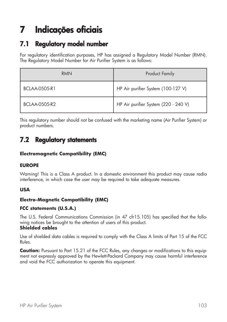 7 indicações ooficiais, 1 regulatory m model nnumber, 2 regulatory sstatements | HP Принтер серии HP Designjet 9000s User Manual | Page 103 / 392