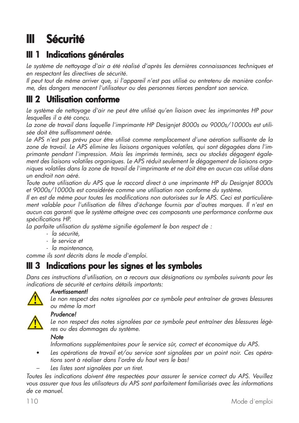 Iii sécurité, Iii 11 indications ggénérales, Iii 22 utilisation cconforme | HP Принтер серии HP Designjet 9000s User Manual | Page 110 / 392