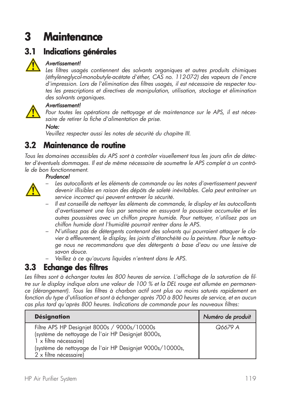3 maintenance, 1 indications ggénérales, 2 maintenance dde rroutine | 3 echange ddes ffiltres | HP Принтер серии HP Designjet 9000s User Manual | Page 119 / 392