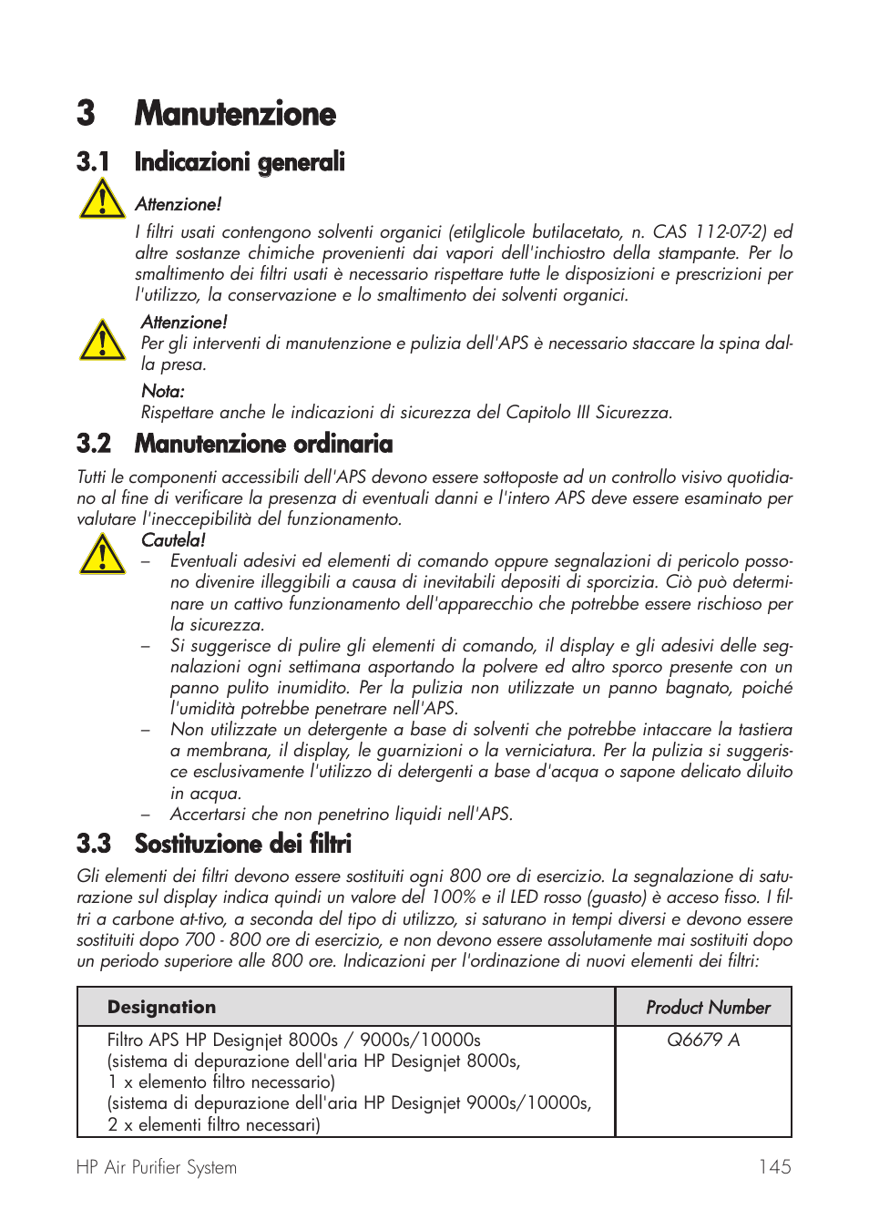 3 manutenzione, 1 indicazioni ggenerali, 2 manutenzione oordinaria | 3 sostituzione ddei ffiltri | HP Принтер серии HP Designjet 9000s User Manual | Page 145 / 392