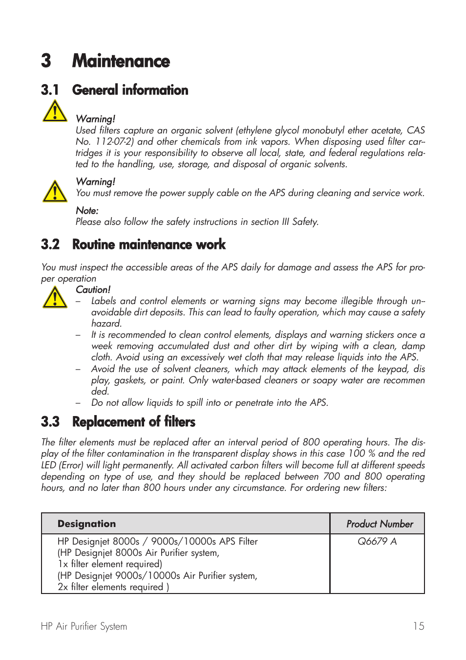 3 maintenance, 1 general iinformation, 2 routine m maintenance w work | 3 replacement oof ffilters | HP Принтер серии HP Designjet 9000s User Manual | Page 15 / 392