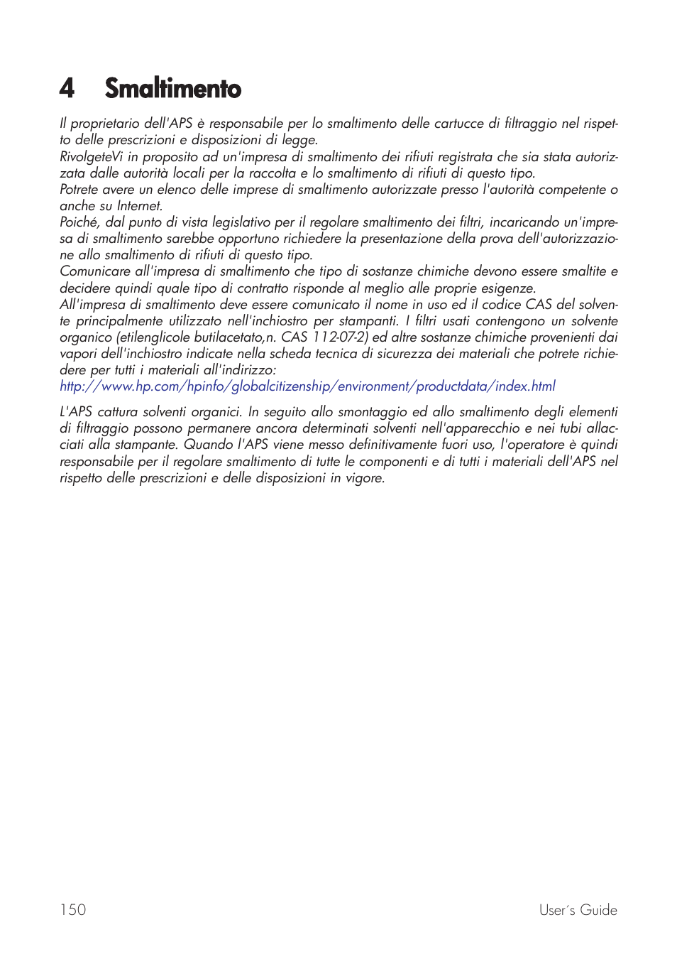 4 smaltimento | HP Принтер серии HP Designjet 9000s User Manual | Page 150 / 392