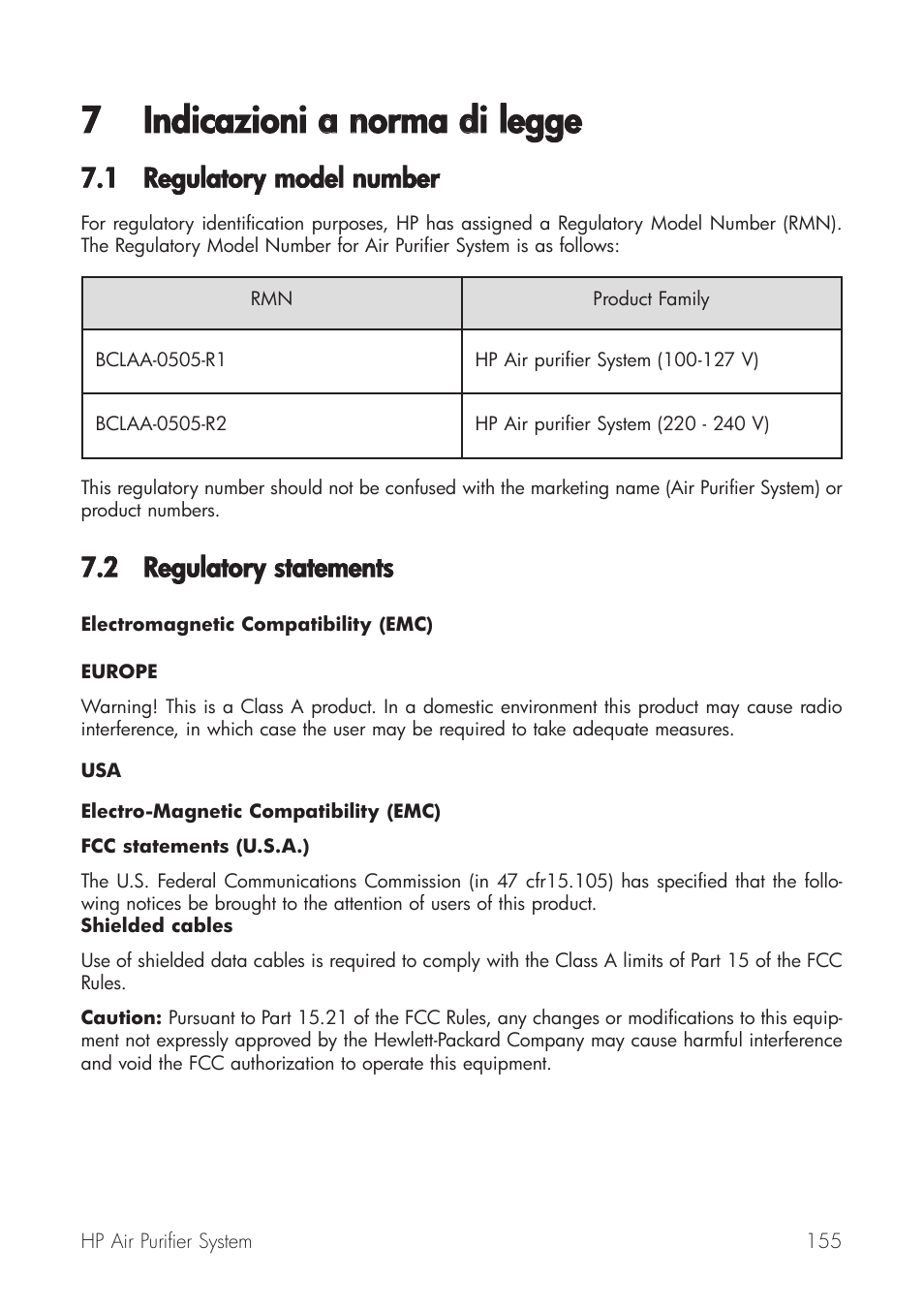7 indicazioni aa nnorma ddi llegge, 1 regulatory m model nnumber, 2 regulatory sstatements | HP Принтер серии HP Designjet 9000s User Manual | Page 155 / 392