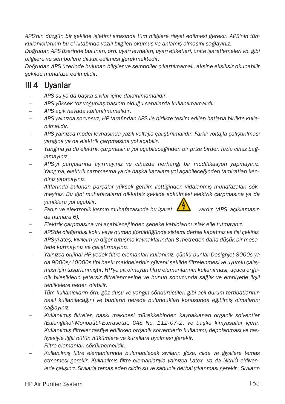 Iii 4 4 uyarýlar | HP Принтер серии HP Designjet 9000s User Manual | Page 163 / 392