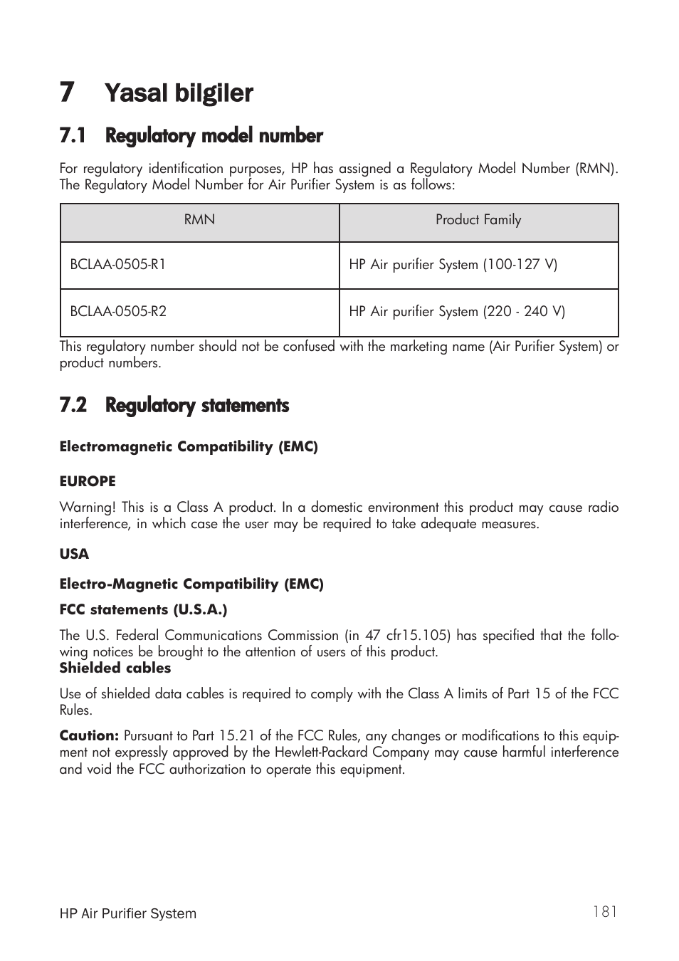 7 yasal bbilgiler, 1 regulatory m model nnumber, 2 regulatory sstatements | HP Принтер серии HP Designjet 9000s User Manual | Page 181 / 392