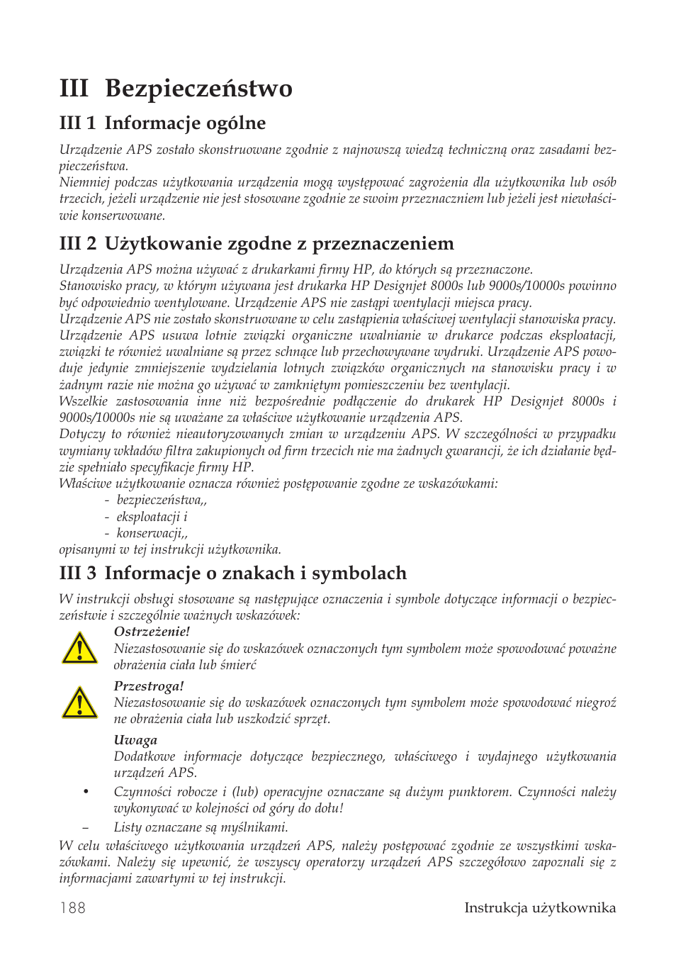 Iii bezpieczeństwo, Iii 1 informacje ogólne, Iii 2 użytkowanie zgodne z przeznaczeniem | Iii 3 informacje o znakach i symbolach | HP Принтер серии HP Designjet 9000s User Manual | Page 188 / 392