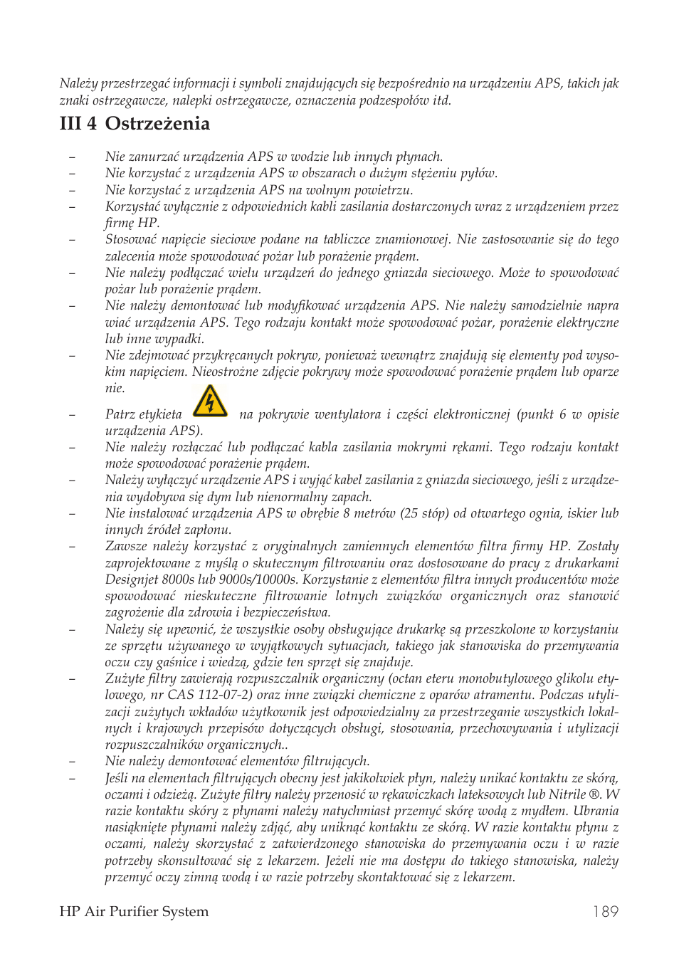 Iii 4 ostrzeżenia | HP Принтер серии HP Designjet 9000s User Manual | Page 189 / 392