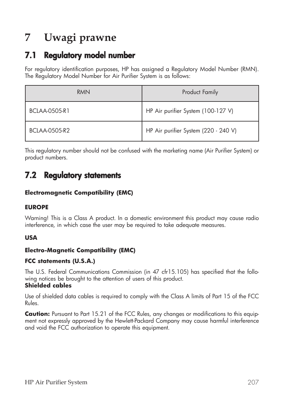 7uwagi prawne, 1 regulatory m model nnumber, 2 regulatory sstatements | HP Принтер серии HP Designjet 9000s User Manual | Page 207 / 392