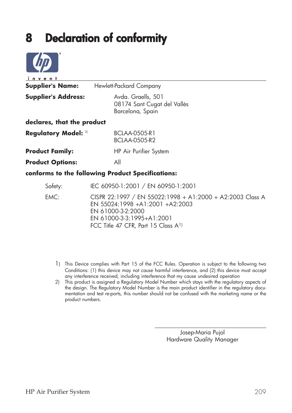 8 declaration oof cconformity, Declaration of conformity | HP Принтер серии HP Designjet 9000s User Manual | Page 209 / 392