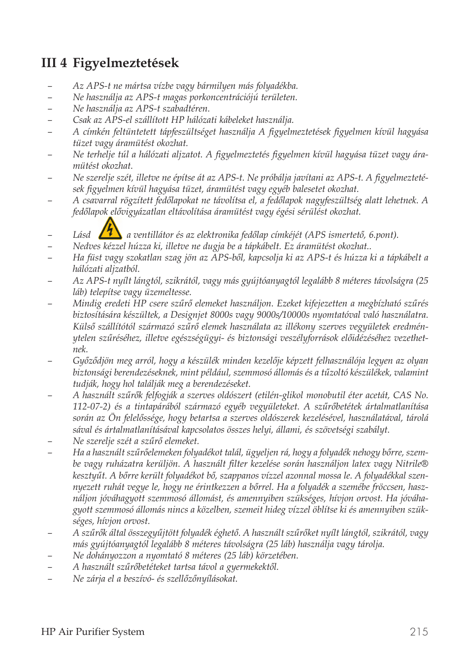 Iii 4 figyelmeztetések | HP Принтер серии HP Designjet 9000s User Manual | Page 215 / 392