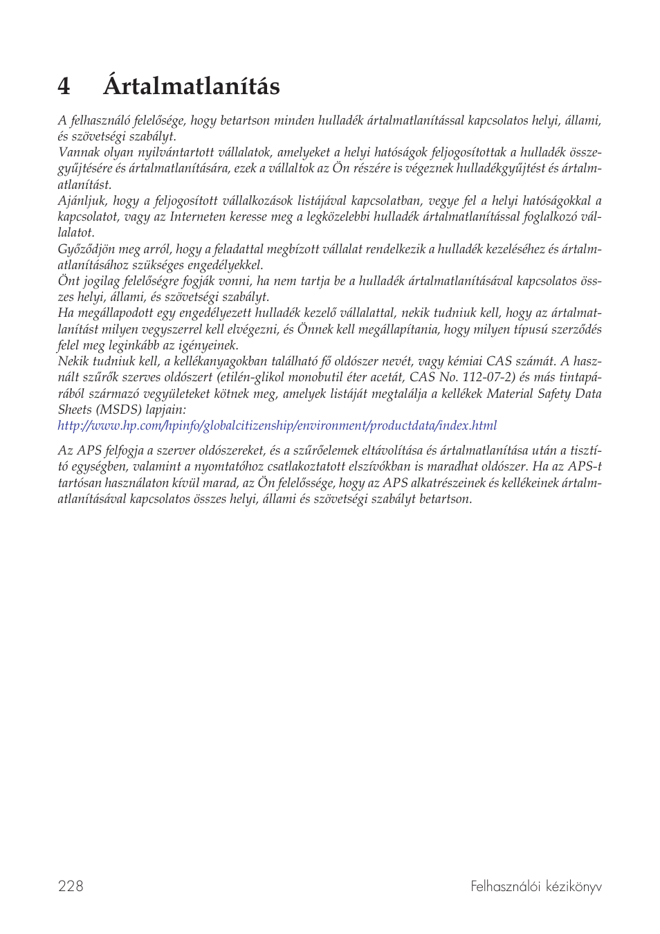 4ártalmatlanítás | HP Принтер серии HP Designjet 9000s User Manual | Page 228 / 392