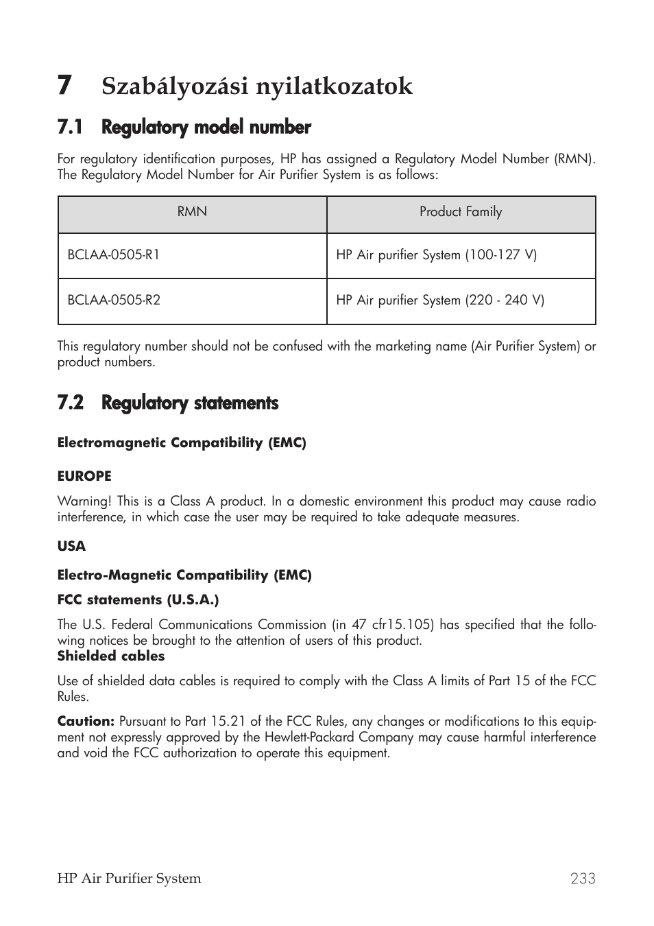 7 szabályozási nyilatkozatok, 1 regulatory m model nnumber, 2 regulatory sstatements | HP Принтер серии HP Designjet 9000s User Manual | Page 233 / 392