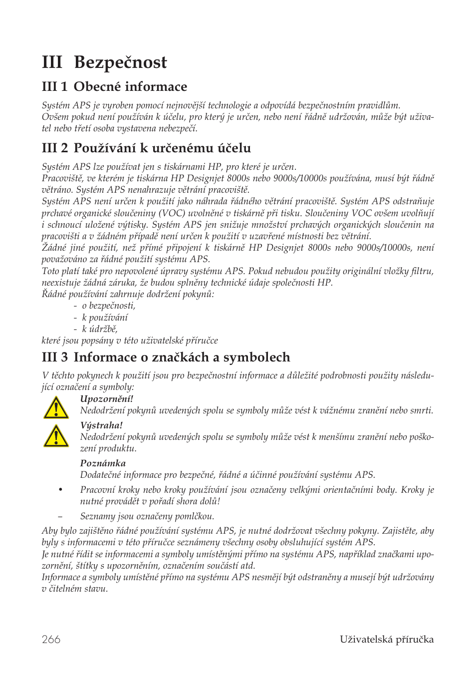 Iii bezpečnost, Iii 1 obecné informace, Iii 2 používání k určenému účelu | Iii 3 informace o značkách a symbolech | HP Принтер серии HP Designjet 9000s User Manual | Page 266 / 392