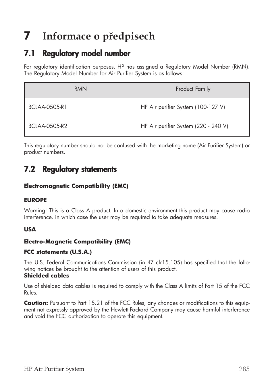 7 informace o předpisech, 1 regulatory m model nnumber, 2 regulatory sstatements | HP Принтер серии HP Designjet 9000s User Manual | Page 285 / 392