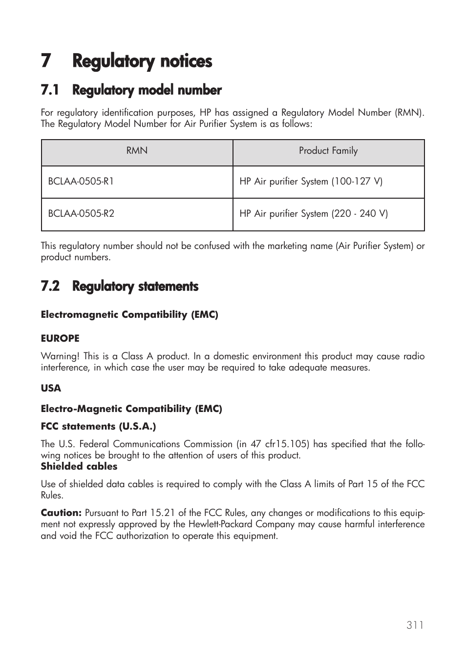 7 regulatory nnotices, 1 regulatory m model nnumber, 2 regulatory sstatements | HP Принтер серии HP Designjet 9000s User Manual | Page 311 / 392