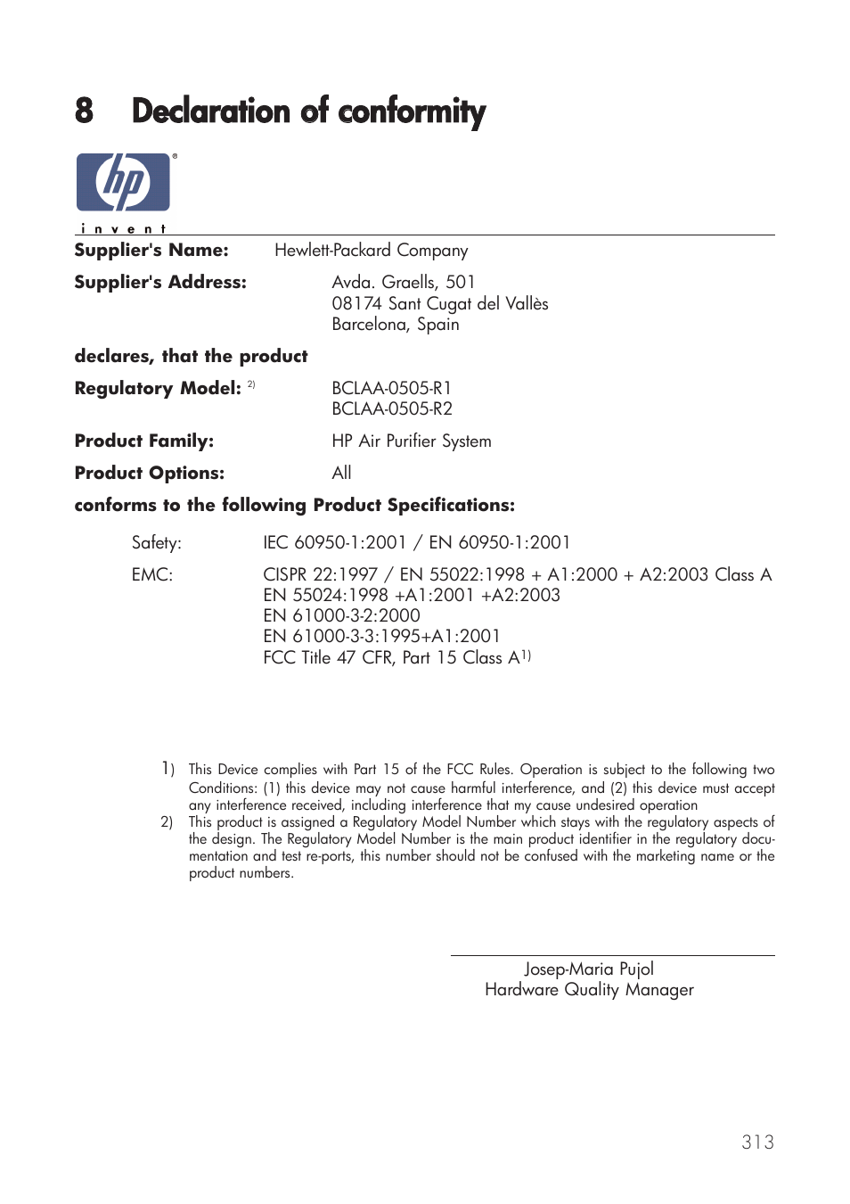 8 declaration oof cconformity, Declaration of conformity | HP Принтер серии HP Designjet 9000s User Manual | Page 313 / 392