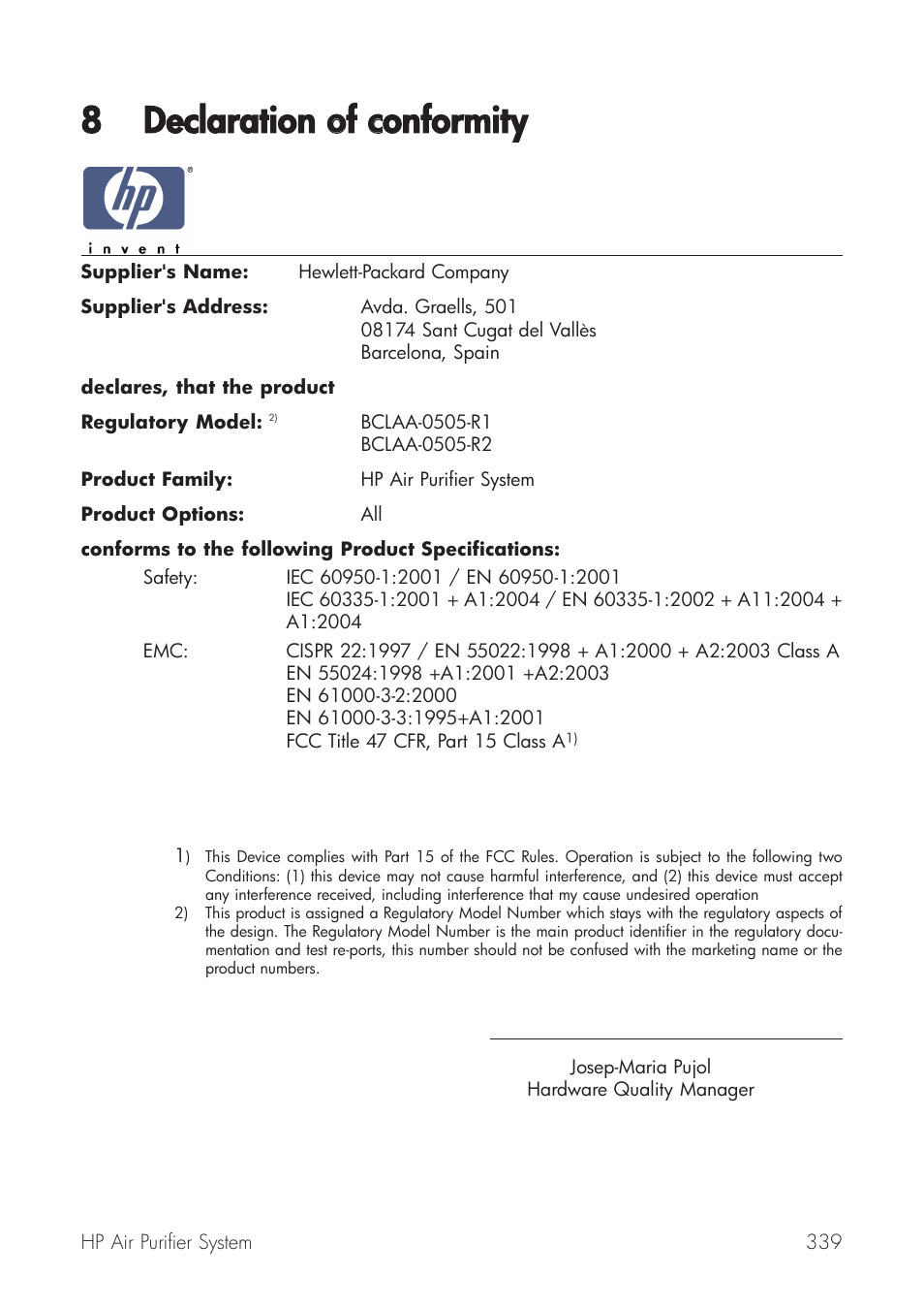 8 declaration oof cconformity, Declaration of conformity | HP Принтер серии HP Designjet 9000s User Manual | Page 339 / 392