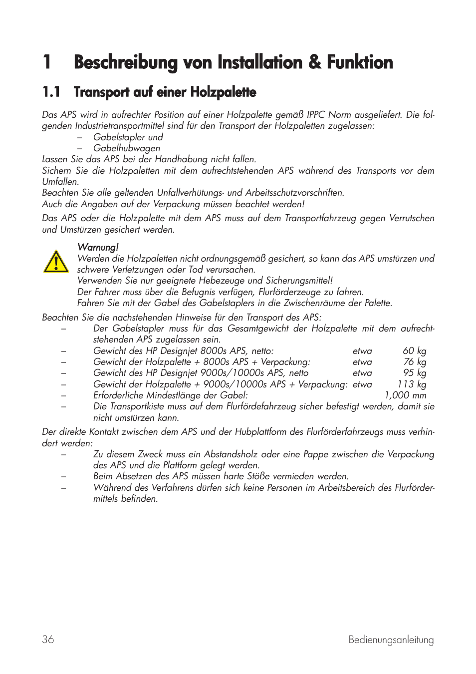 1 beschreibung vvon iinstallation & & ffunktion, 1 transport aauf eeiner h holzpalette | HP Принтер серии HP Designjet 9000s User Manual | Page 36 / 392