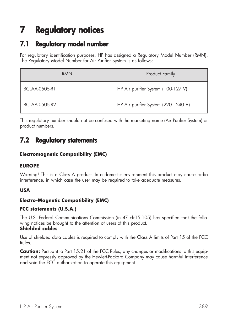 7 regulatory nnotices, 1 regulatory m model nnumber, 2 regulatory sstatements | HP Принтер серии HP Designjet 9000s User Manual | Page 389 / 392