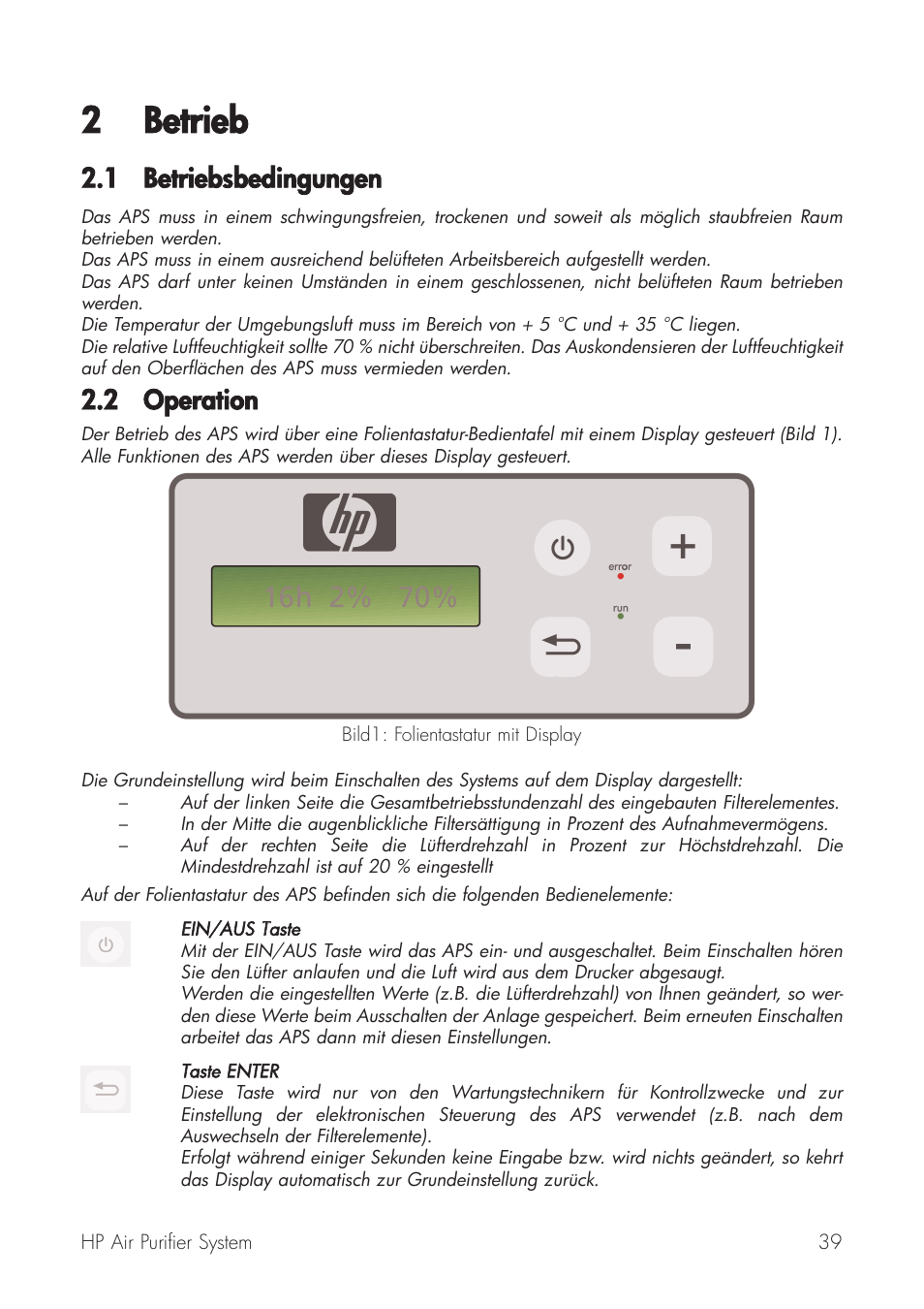 2 betrieb, 1 betriebsbedingungen, 2 operation | HP Принтер серии HP Designjet 9000s User Manual | Page 39 / 392