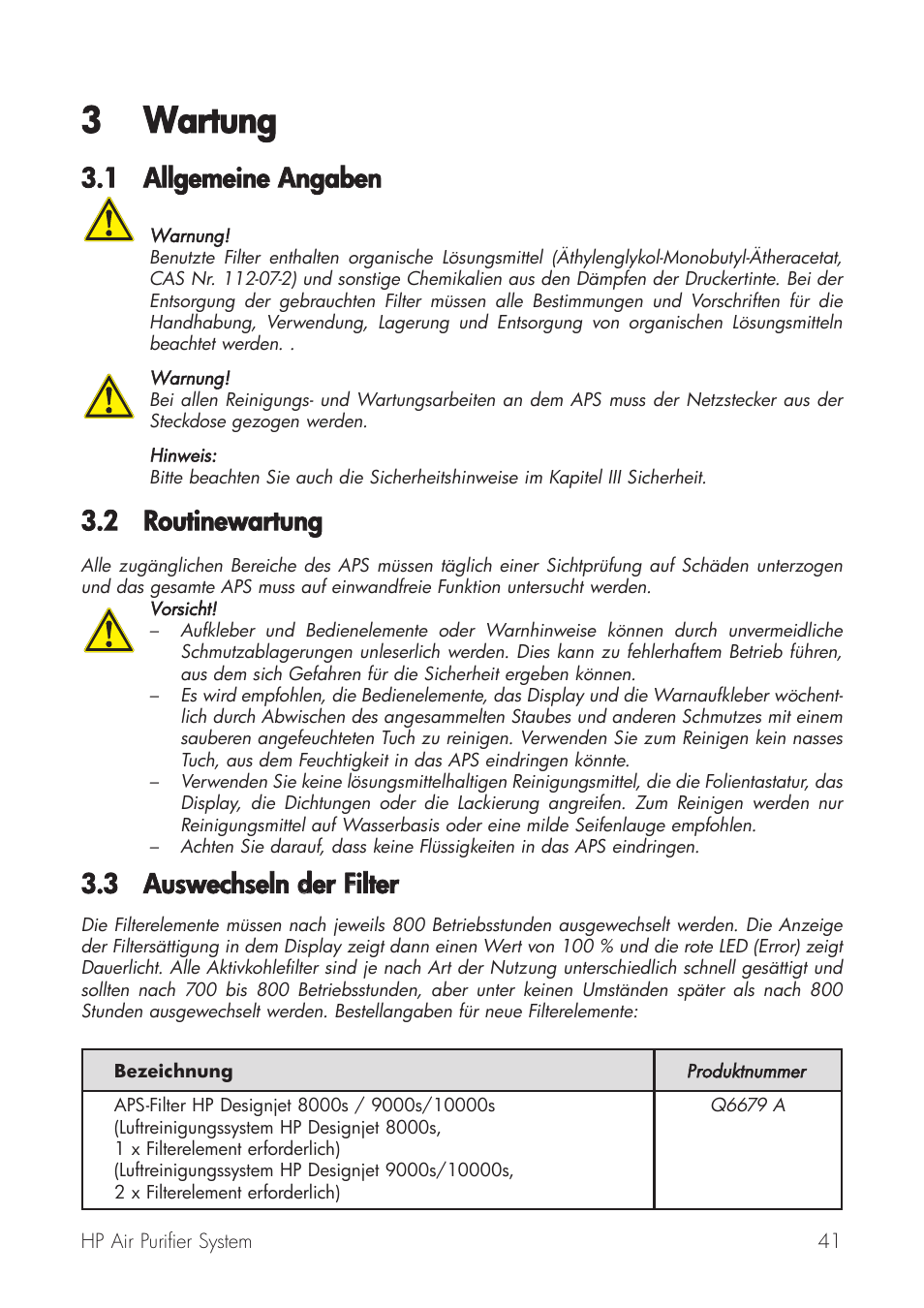 3 wartung, 1 allgemeine a angaben, 2 routinewartung | 3 auswechseln dder ffilter | HP Принтер серии HP Designjet 9000s User Manual | Page 41 / 392