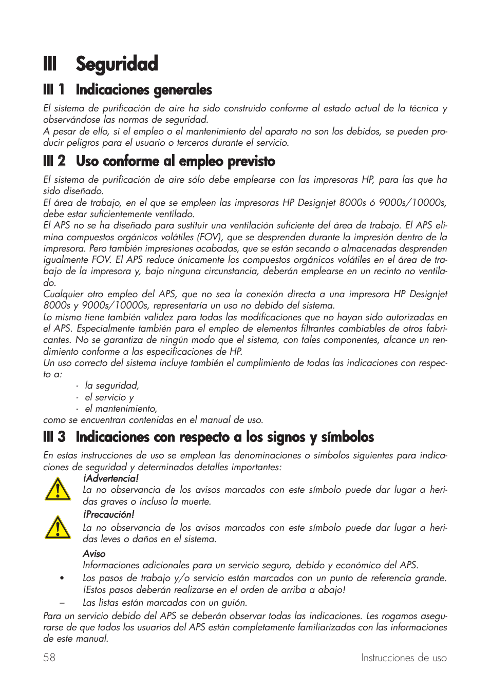 Iii seguridad, Iii 11 indicaciones ggenerales, Iii 22 uso cconforme aal eempleo pprevisto | HP Принтер серии HP Designjet 9000s User Manual | Page 58 / 392