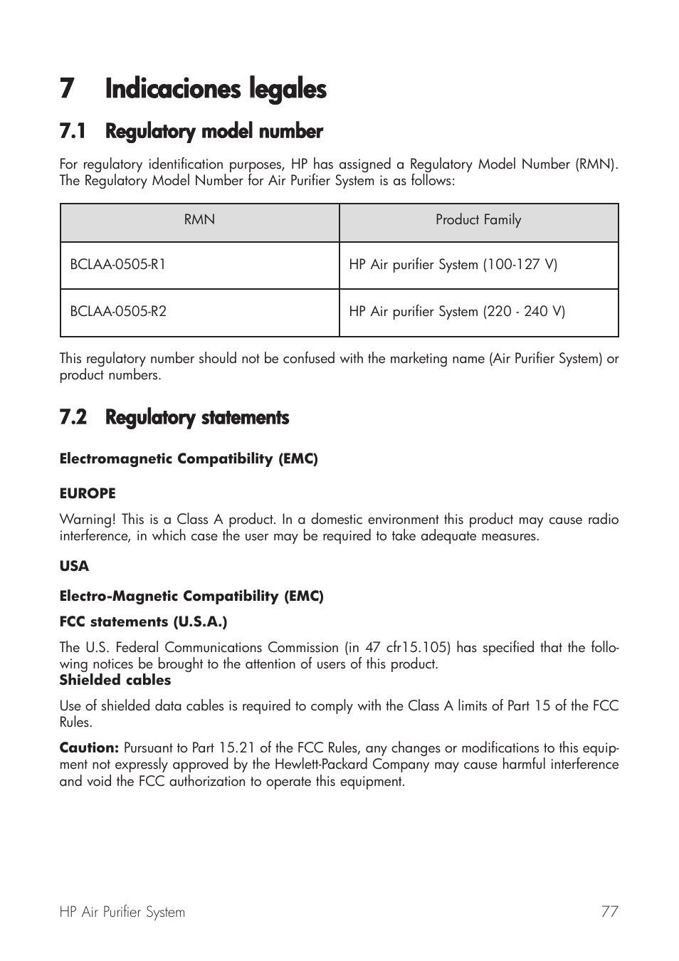 7 indicaciones llegales, 1 regulatory m model nnumber, 2 regulatory sstatements | HP Принтер серии HP Designjet 9000s User Manual | Page 77 / 392