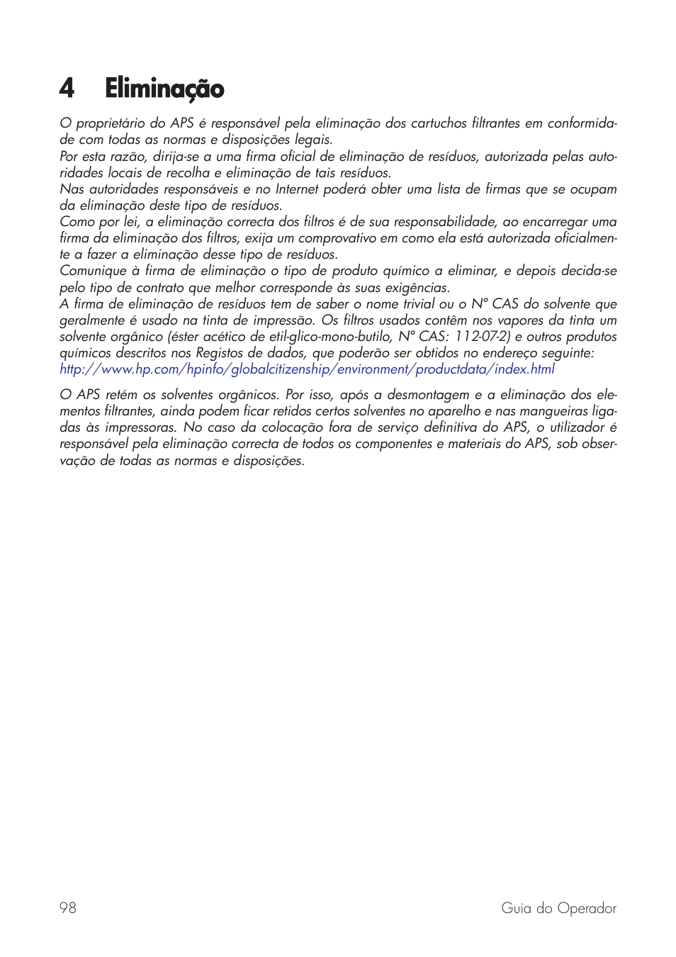 4 eliminação | HP Принтер серии HP Designjet 9000s User Manual | Page 98 / 392