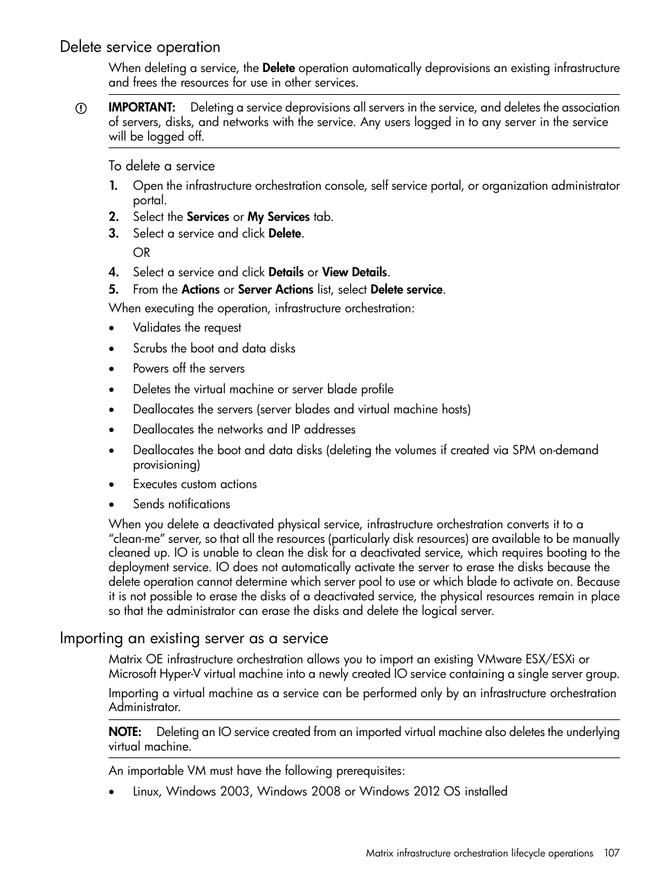 Delete service operation, Importing an existing server as a service | HP Matrix Operating Environment Software User Manual | Page 107 / 264