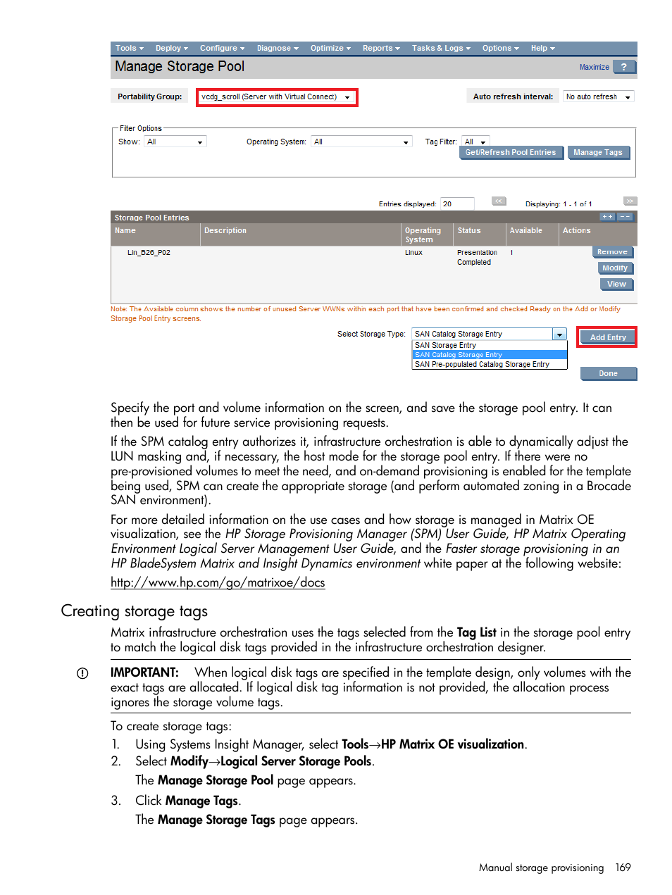 Creating storage tags | HP Matrix Operating Environment Software User Manual | Page 169 / 264