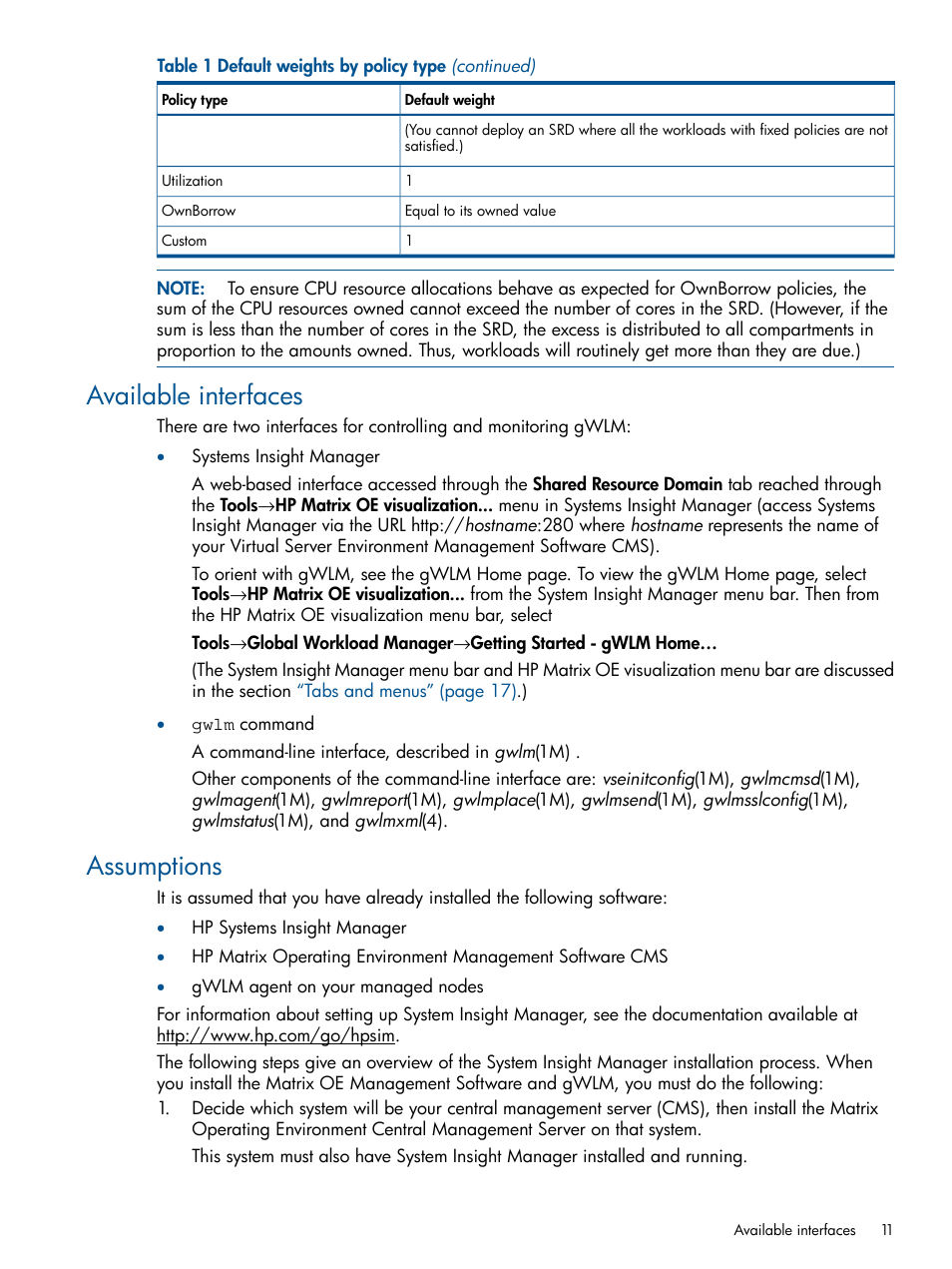 Available interfaces, Assumptions, Available interfaces assumptions | HP Matrix Operating Environment Software User Manual | Page 11 / 67