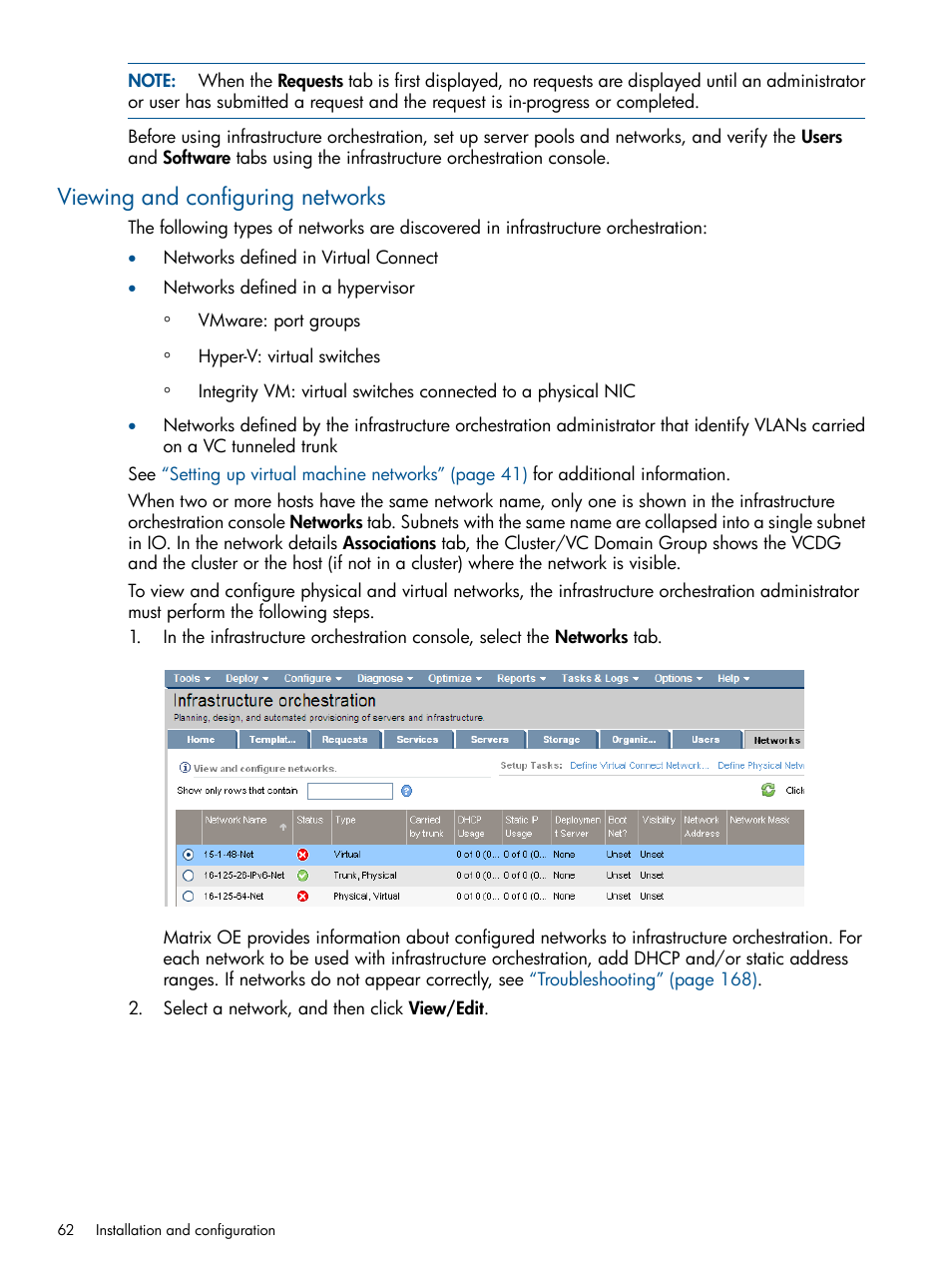 Viewing and configuring networks | HP Matrix Operating Environment Software User Manual | Page 62 / 232