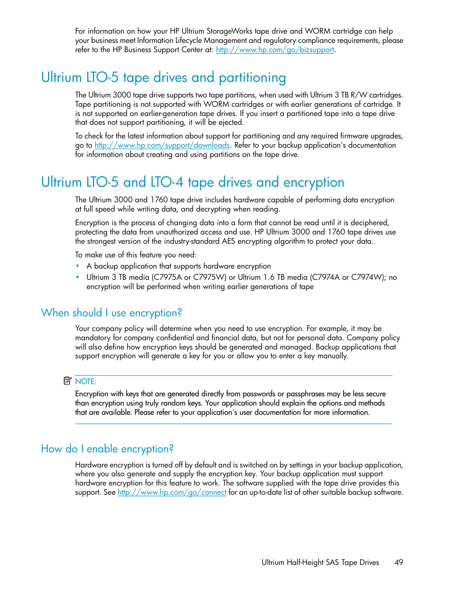 Ultrium lto-5 tape drives and partitioning, Ultrium lto-5 and lto-4 tape drives and encryption, When should i use encryption | How do i enable encryption, 49 how do i enable encryption, Ultrium lto-4 tape drives and encryption | HP StoreEver Ultrium Tape Drives User Manual | Page 49 / 76