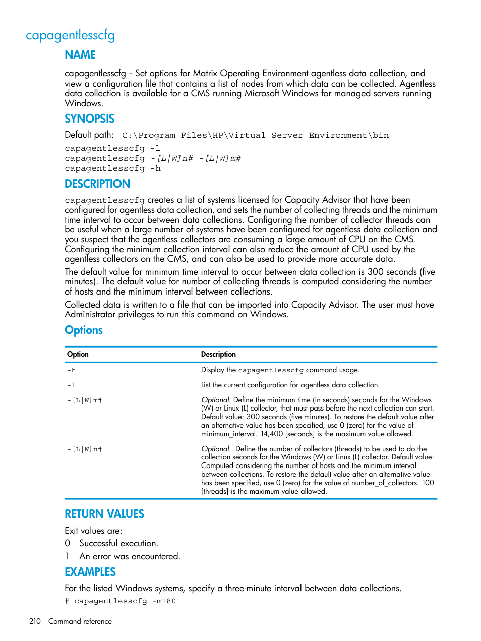 Capagentlesscfg, Name, Synopsis | Description, Options, Return values, Examples | HP Matrix Operating Environment Software User Manual | Page 210 / 245