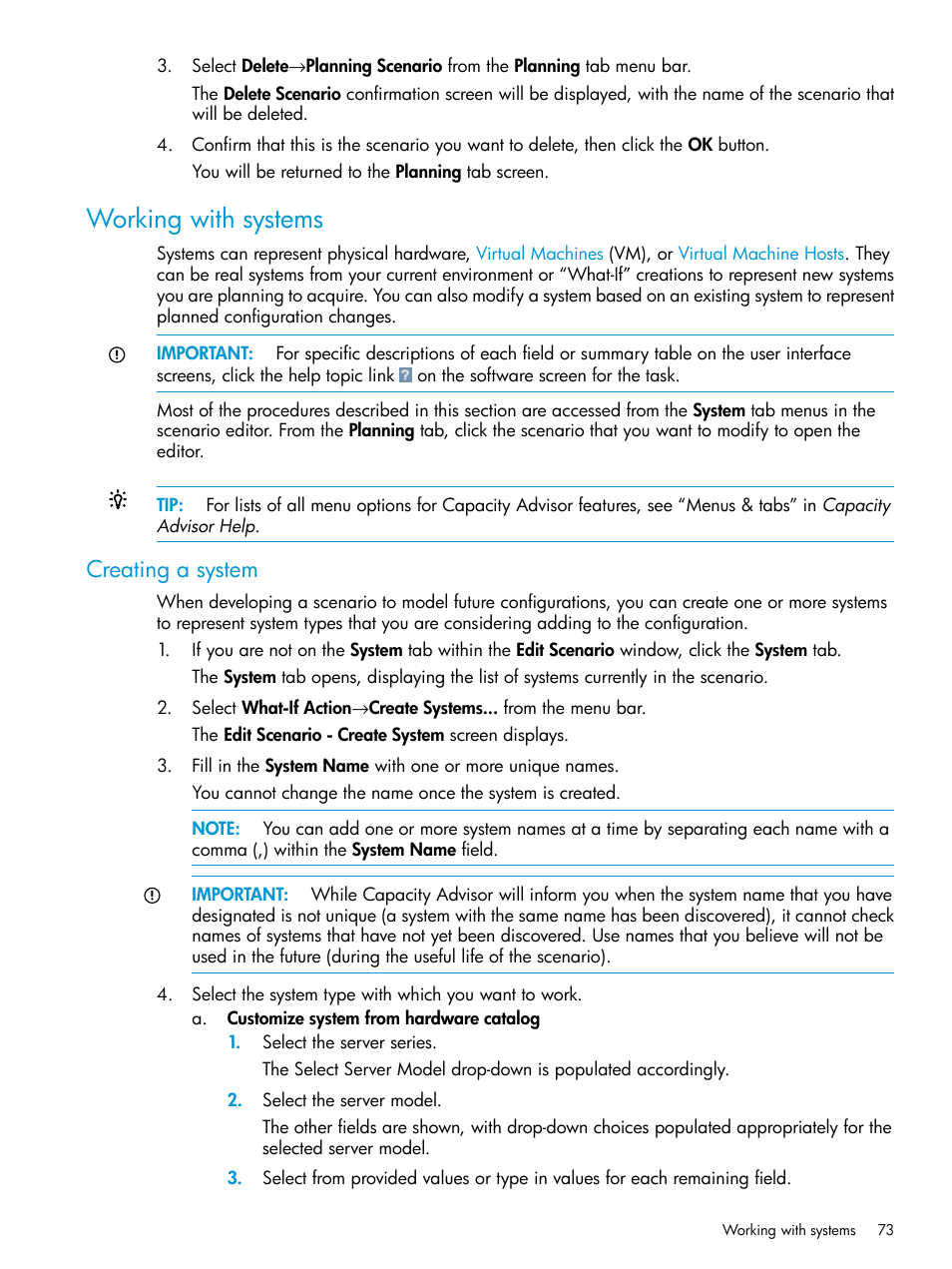 Working with systems, Creating a system | HP Matrix Operating Environment Software User Manual | Page 73 / 245