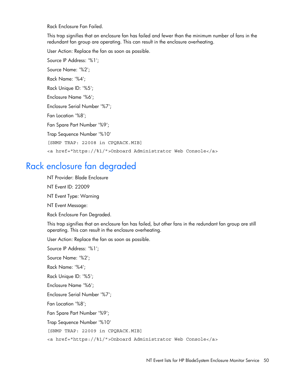 Rack enclosure fan degraded | HP ProLiant BL465c Server Blade User Manual | Page 50 / 73