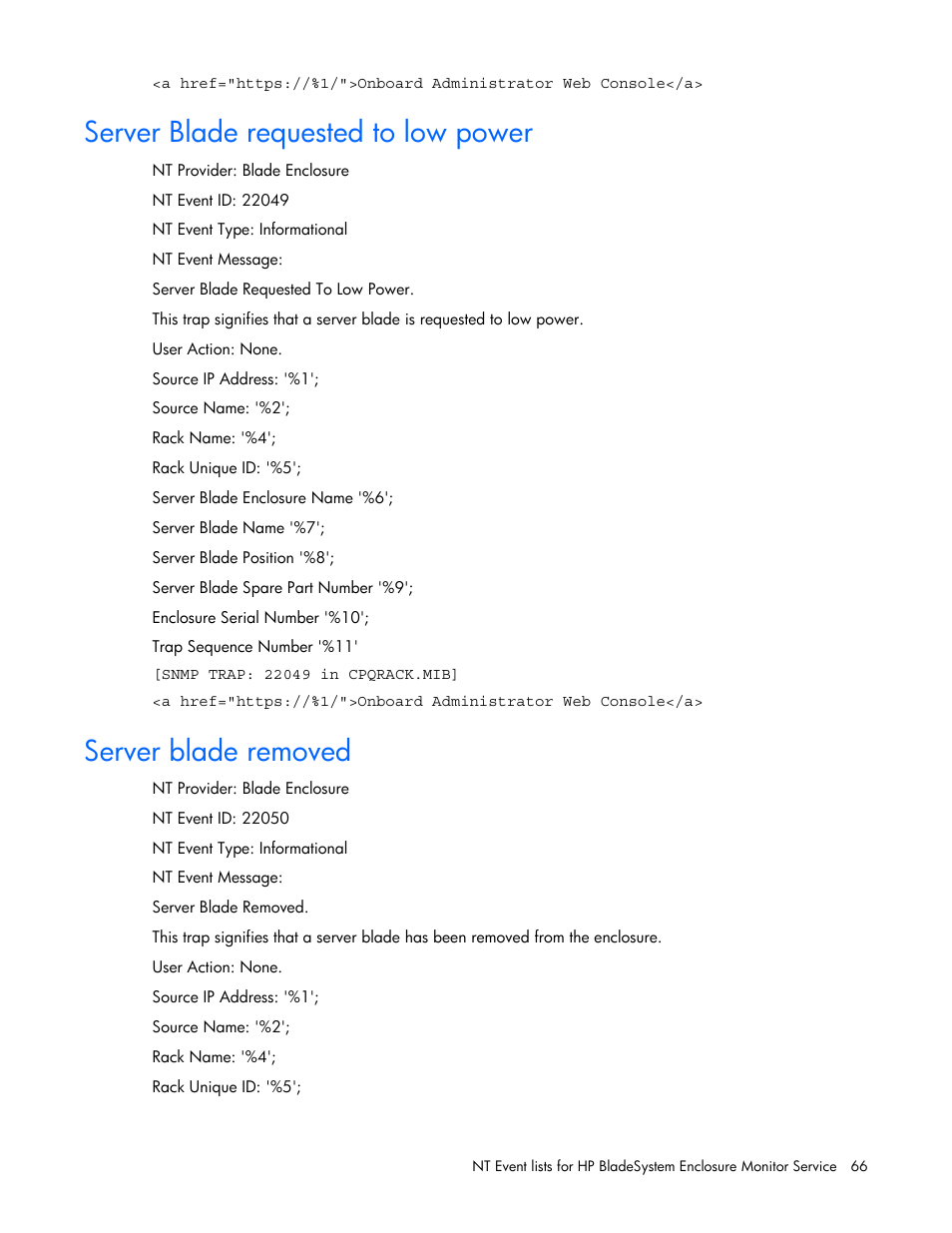 Server blade requested to low power, Server blade removed | HP ProLiant BL465c Server Blade User Manual | Page 66 / 73
