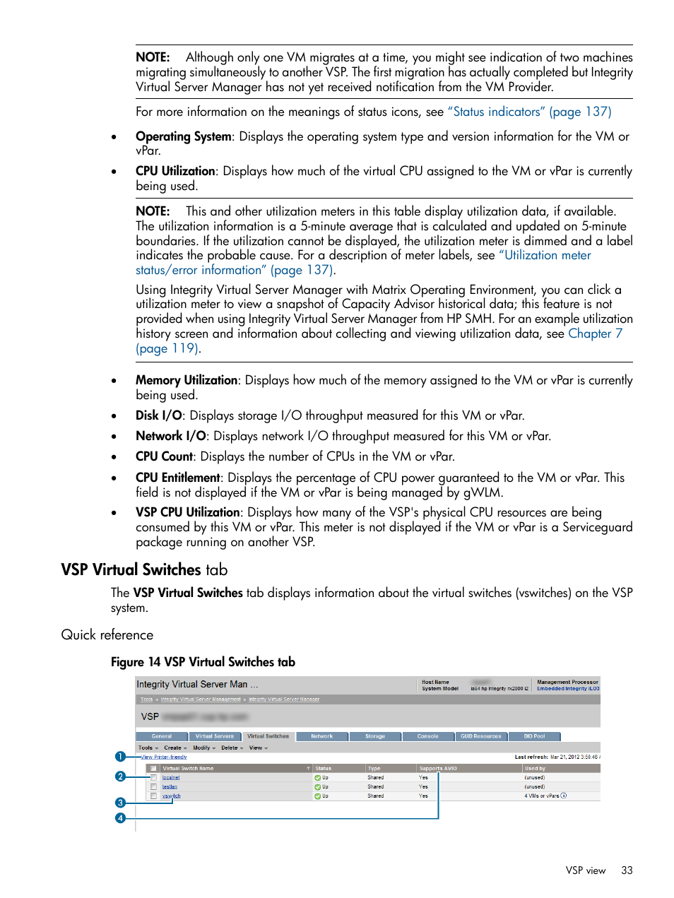 Vsp virtual switches tab, Quick reference | HP Matrix Operating Environment Software User Manual | Page 33 / 148